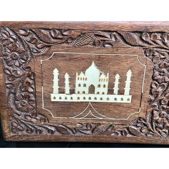 Hand Carved Wooden Box Taj Mahal Inlay Made In India By Archana Handicrafts 7" - Picture 9 of 11